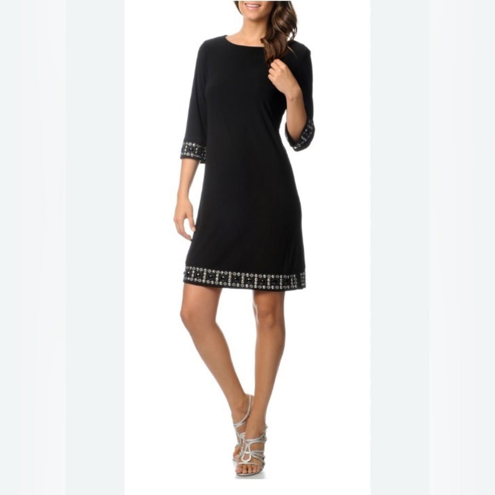 Tiana B Slinky Black Stretch Beaded Embellished Trim 3/4 Sleeve Dress